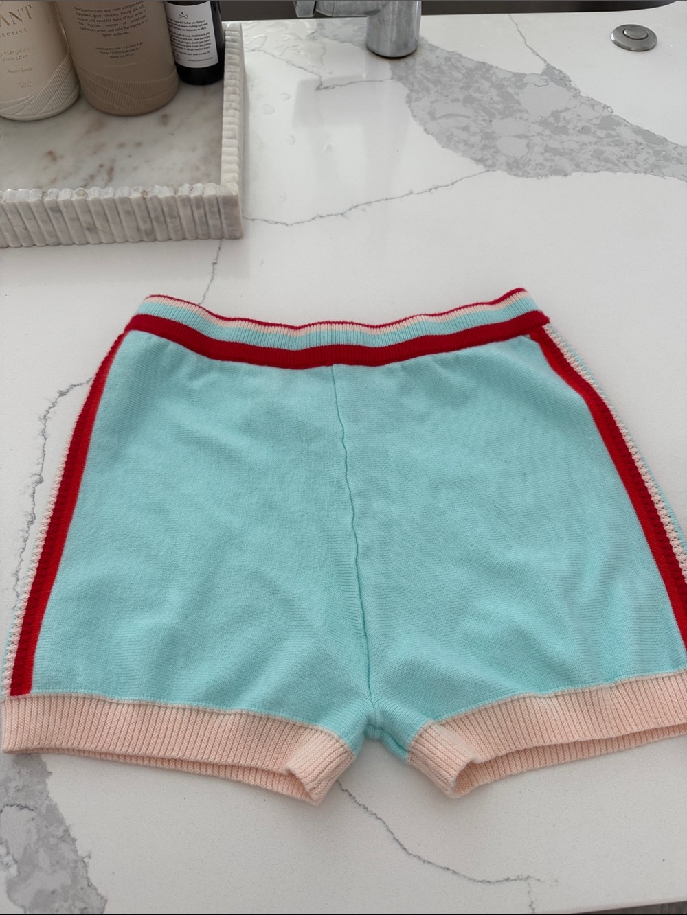 Kids Aqua Knit Shorts with Red Trim